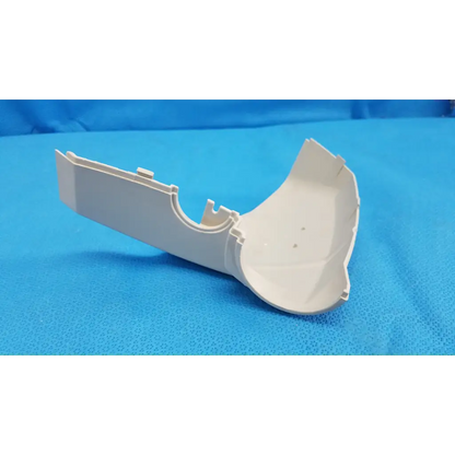 White plastic base arm joint cover housing right side with curved u-shaped gutter guard and interlocking tabs for topcon retinal camera