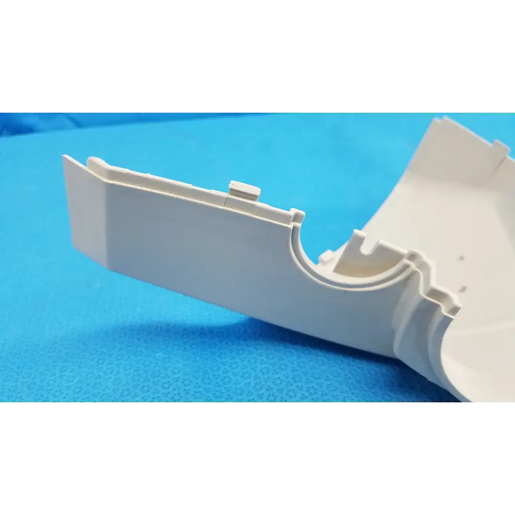 White plastic base arm joint end cap with molded edges and curved interior channel for Topcon TRC-NW8 retinal camera