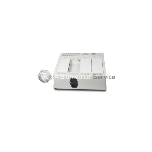 White rectangular base power charger 4x4 with three vertical slots and black power port on the front panel
