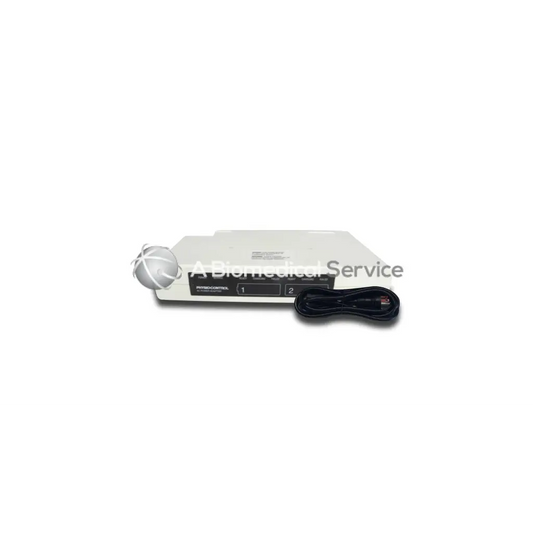 White rectangular battery support system 2 medical device labeled rhythm control with two ports and coiled black cable for biomedical service