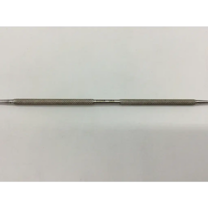 Silver-colored metal surgical instrument ac4-129 with textured knurled handles and fine pointed tip by bausch and lomb