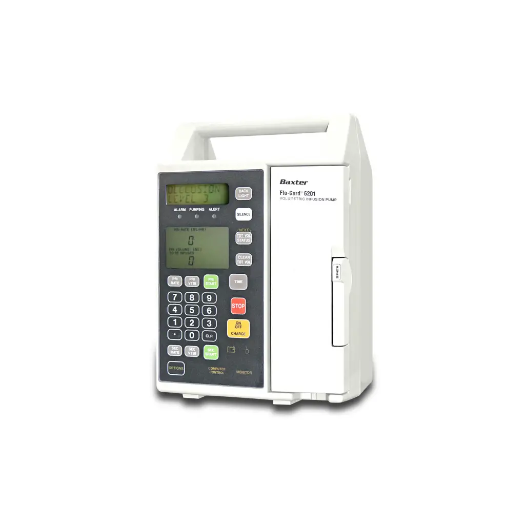 White plastic baxter 6201 volumetric infusion pump with digital display and keypad for biomedical service use