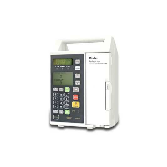 White plastic baxter 6201 volumetric infusion pump with digital display and keypad for biomedical service use