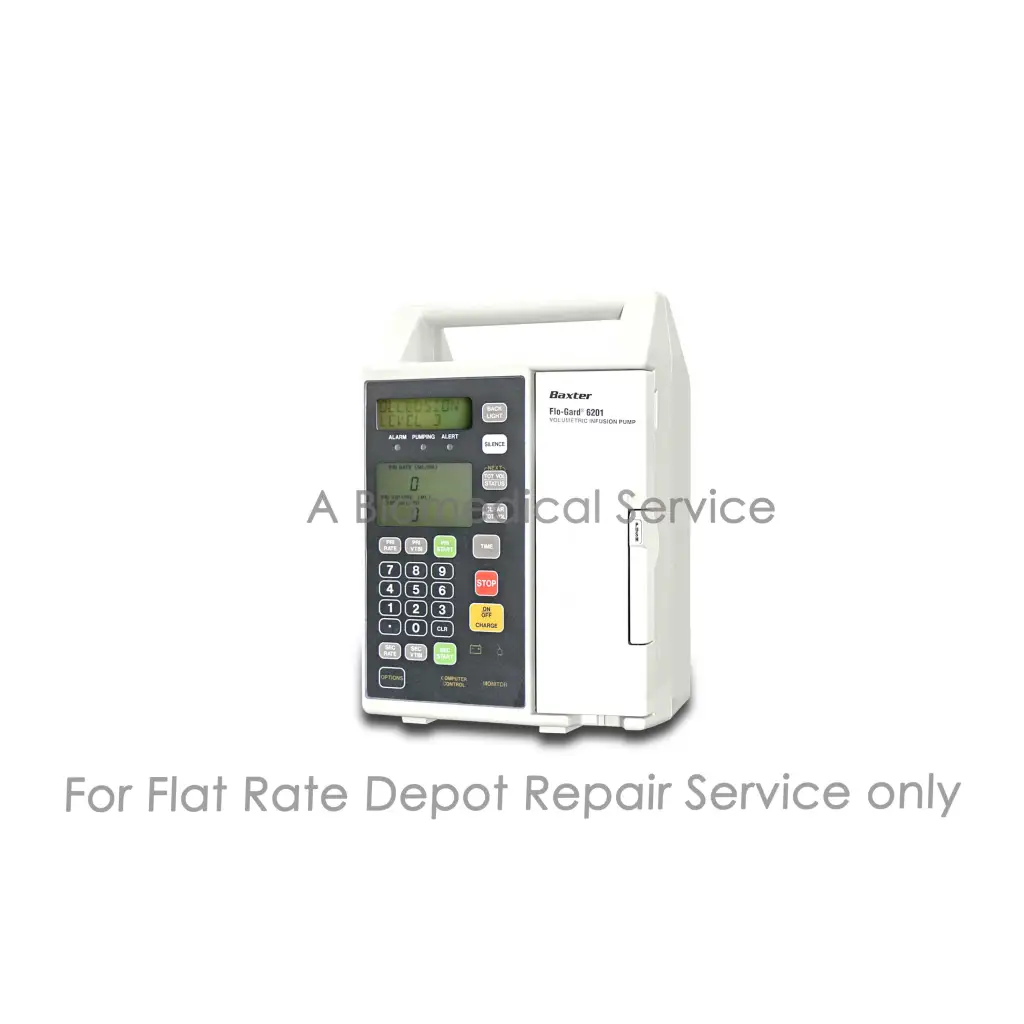White Baxter fl-sure 6281 infusion pump with digital display and keypad in Baxter 6201 infusion pump repair service for medical equipment