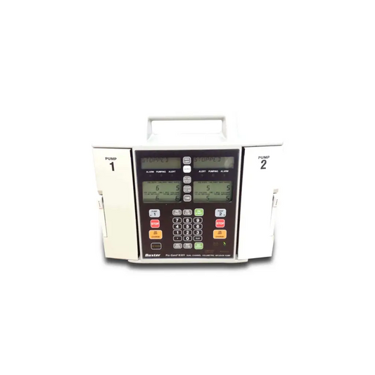 White baxter 6301 dual-channel infusion pump with two digital displays and keypad used in biomedical service