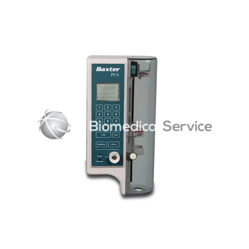 Baxter ambulatory PCA infusion pump with teal and white control panel, numeric keypad, and transparent medication chamber