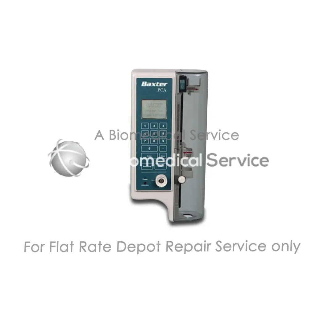 Baxter pca infusion pump with gray and teal control panel digital display and medication chamber for medical equipment repair service