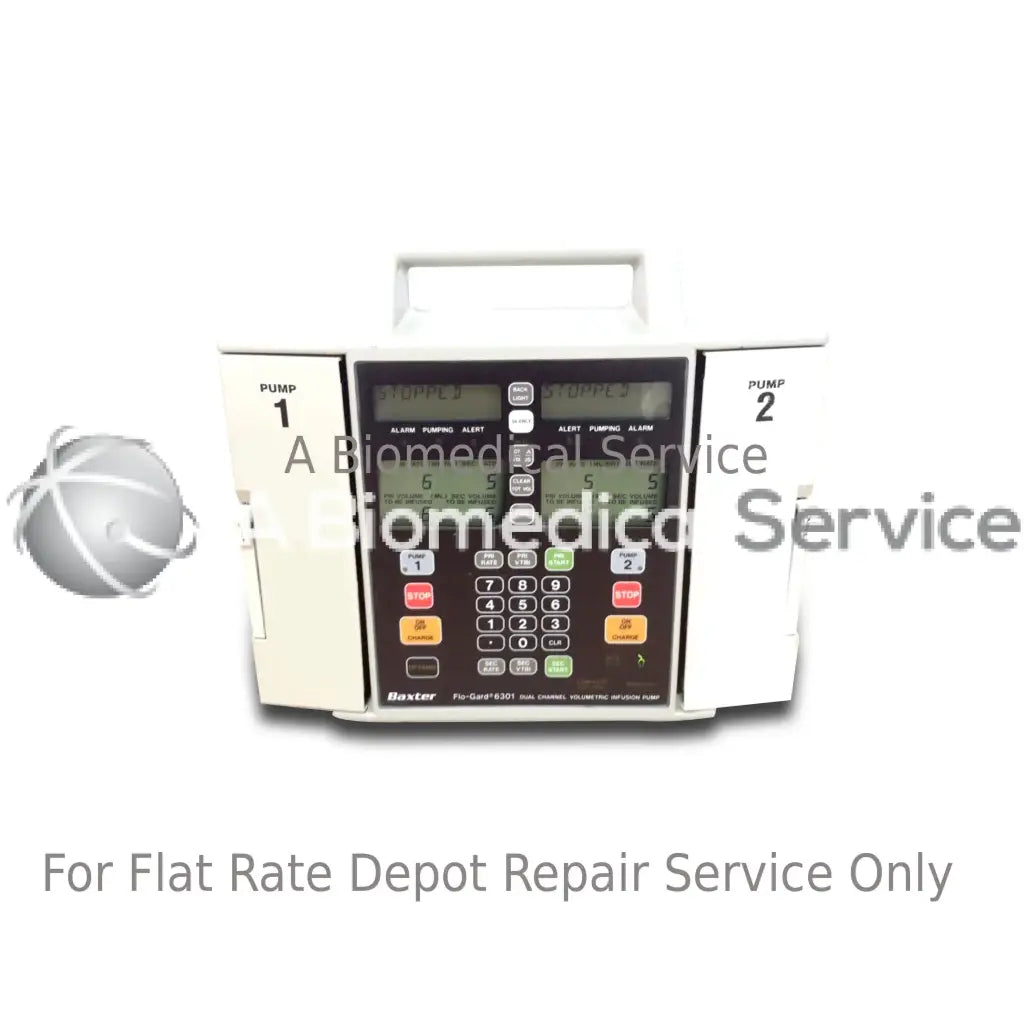 Baxter flo-gard 6301 infusion pump repair service featuring dual chamber volume control iv pump with beige casing and black display panel