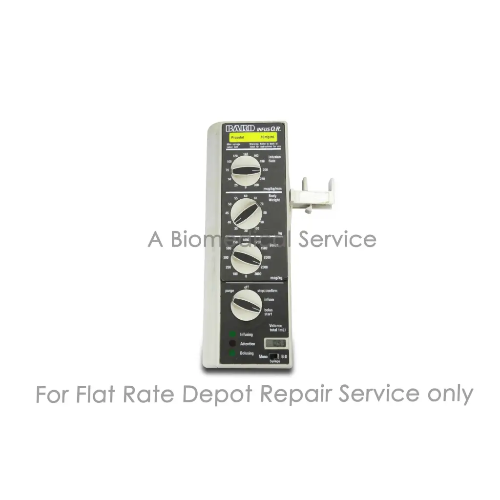 Gray and black bard baxter infusor infusion pump with four rotary dials for precise fluid control repair service