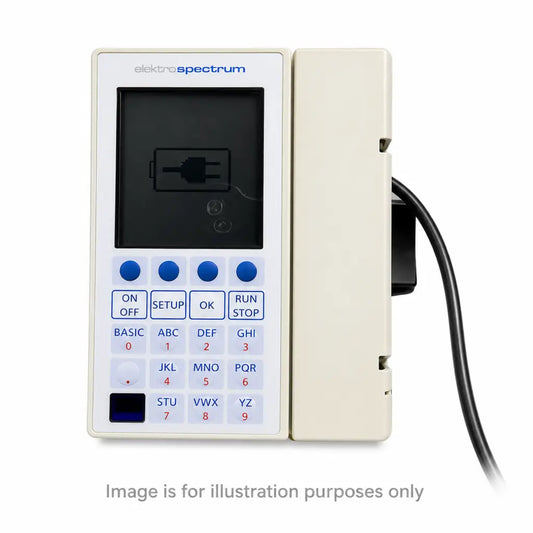 Beige baxter sigma spectrum infusion pump control panel with black screen blue and white buttons and power adapter