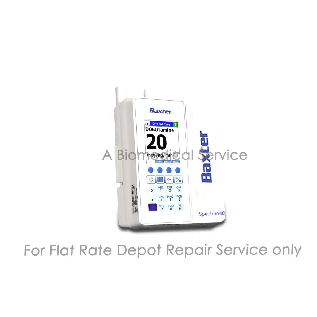 White baxter spectrum iq infusion pump with digital display and control buttons highlighting baxter spectrum repair service