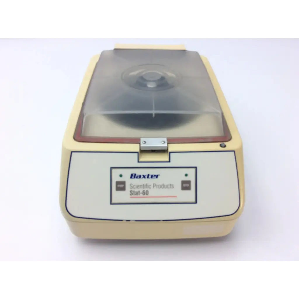 Beige plastic baxter stat 60 centrifuge af5-31 12723sm with clear lid and control panel for lab use