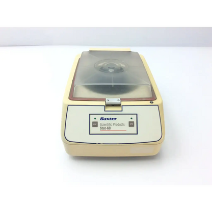 Beige plastic and metal baxter stat 60 centrifuge with clear lid for laboratory use centrifuge af5-31 12723sm