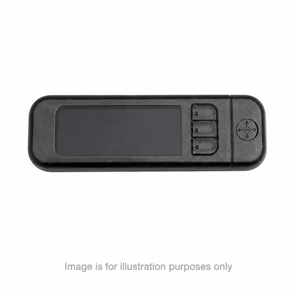 Black plastic digital remote control with rectangular screen and four buttons for glucose meter medtronic use