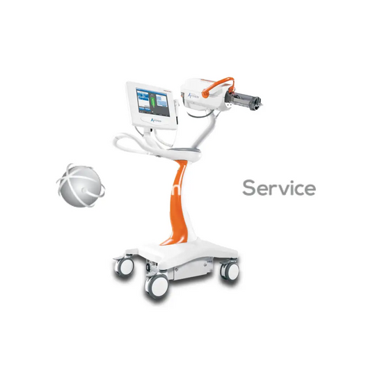 White and orange bayer medrad mark 7 arterion medical device with touchscreen monitor, articulated arm, and wheeled base