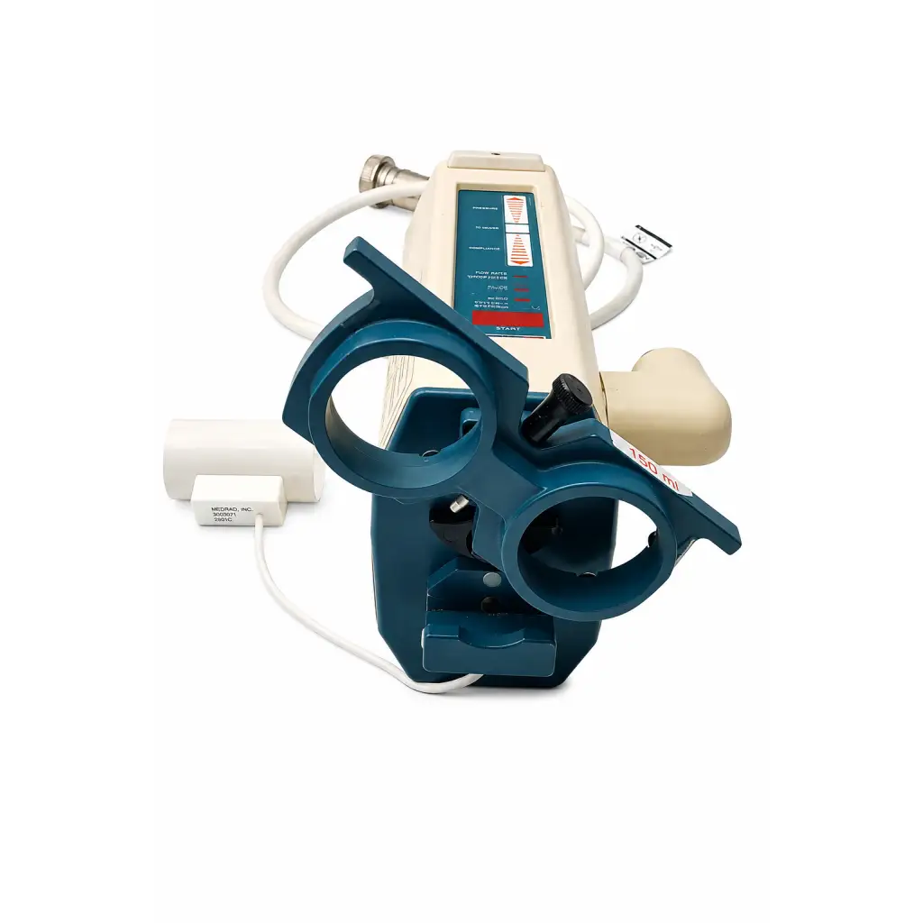 Blue and beige bayer medrad mark v plus biomed certified angiographic contrast injector head with dual eyepieces and tubing