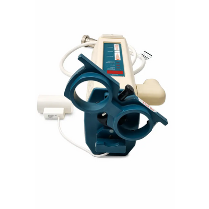 Blue and beige bayer medrad mark v plus biomed certified angiographic contrast injector head with dual eyepieces and tubing
