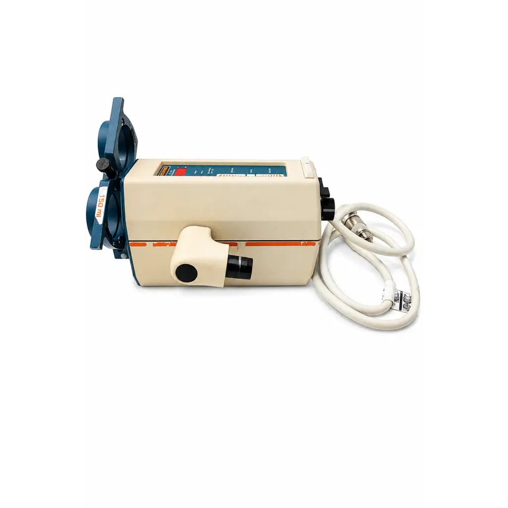 Cream-colored bayer medrad mark v plus biomed certified angiographic contrast power injector head with coiled white cable