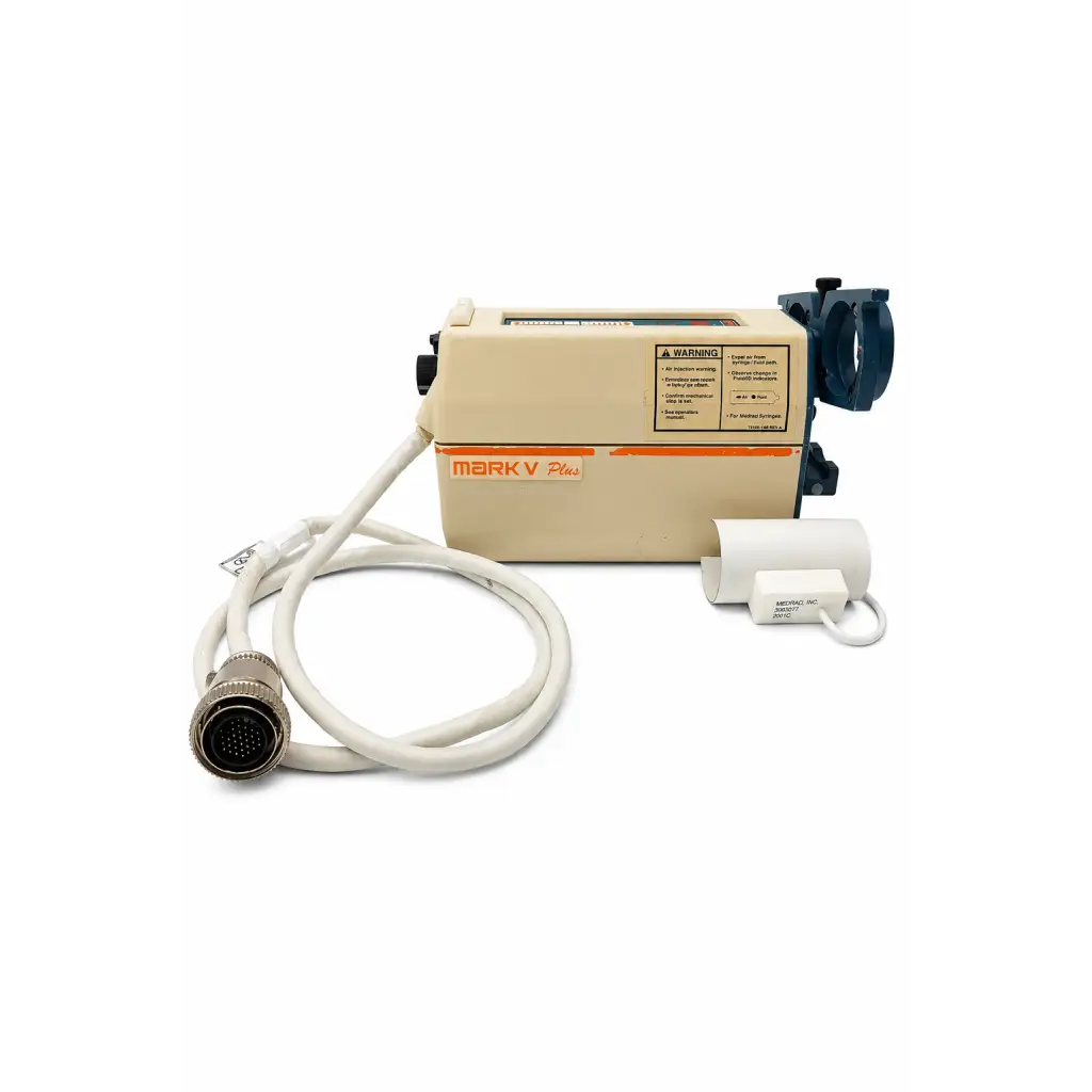 Beige mark v plus biomed certified injector head with coiled white cable and small white sensor unit for angiographic use