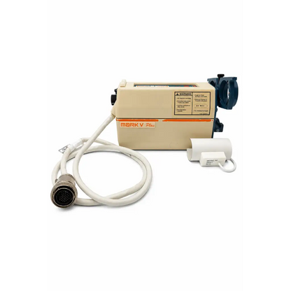 Beige mark v plus biomed certified injector head with coiled white cable and small white sensor unit for angiographic use