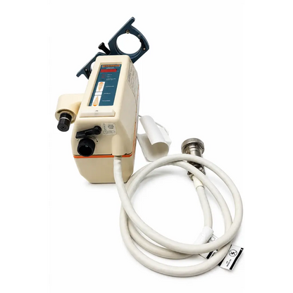 Cream-colored biomed certified Bayer Medrad mark v plus injector head with digital display and coiled white tubing
