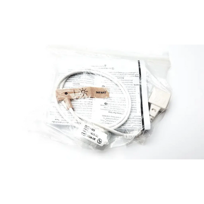 White bci sp02 sensor infant cable with beige fabric strap and plastic connectors for 3-15kg use