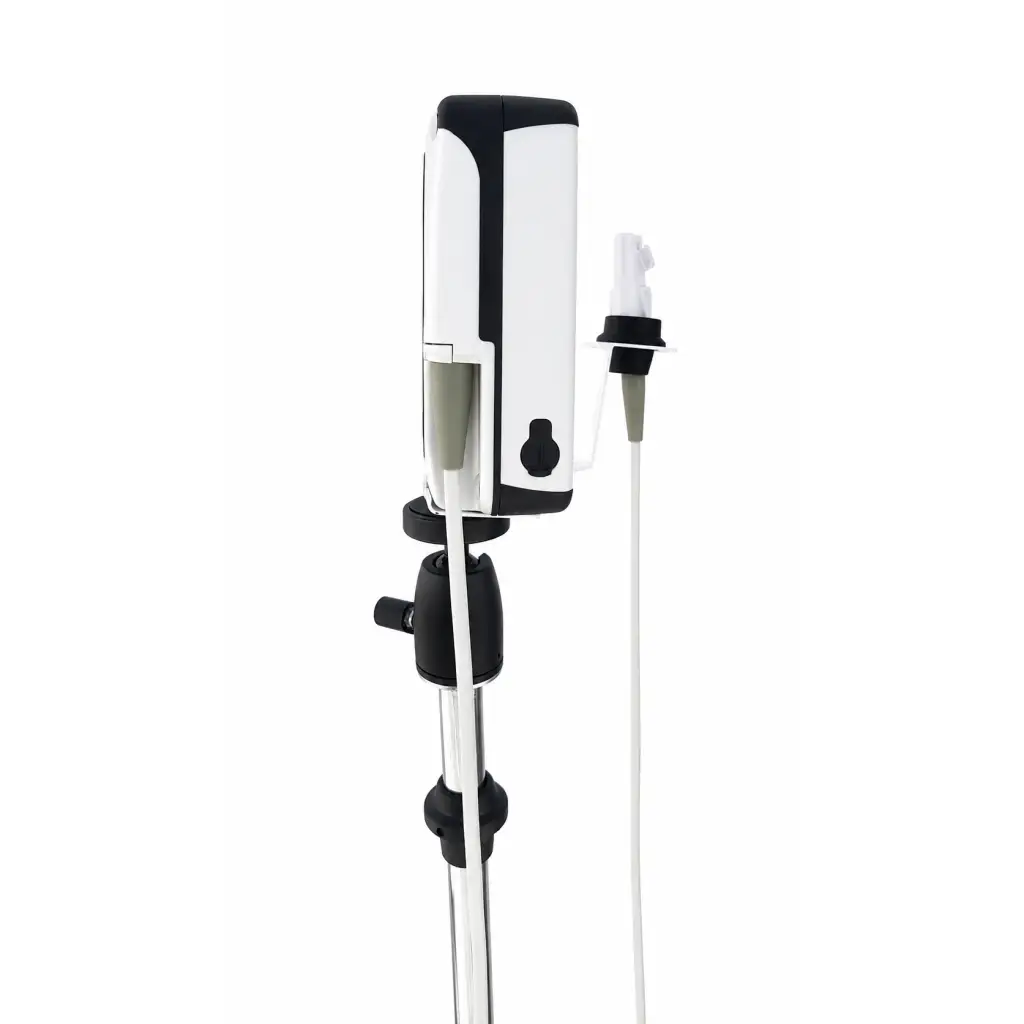 White and black biomed certified bard site-rite prevue+ medical infusion pump mounted on stand for vascular access