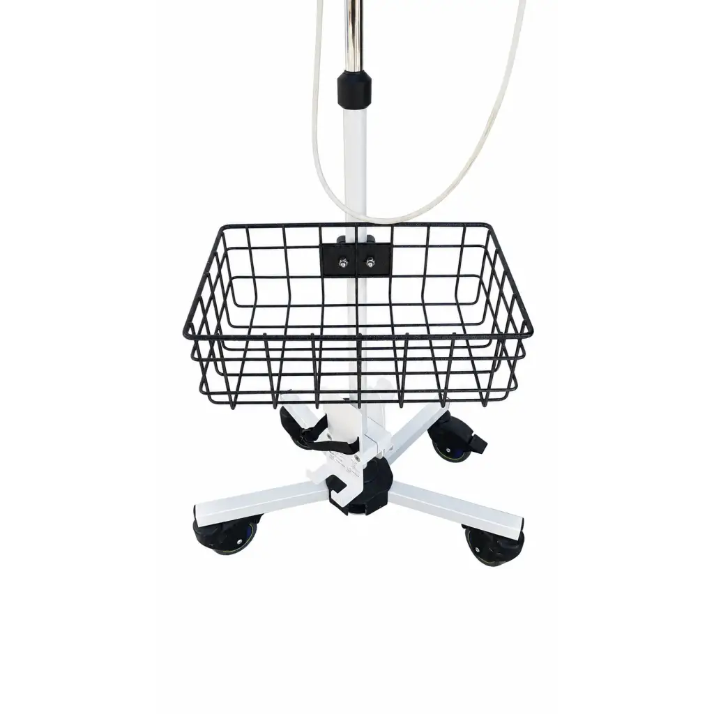 Black wire mesh basket attached to white metal frame with black caster wheels on biomed certified bard site-rite prevue+ stand