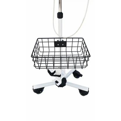 Black wire mesh basket attached to white metal frame with black caster wheels on biomed certified bard site-rite prevue+ stand