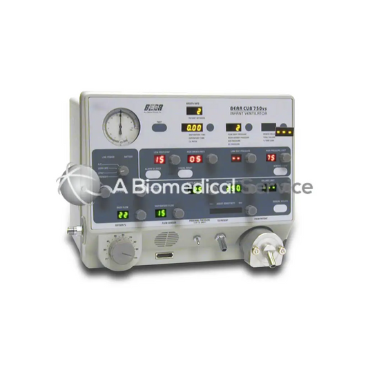 Bear cub 750 psv infant ventilator with white and gray console, digital displays, control knobs, and analog pressure gauge