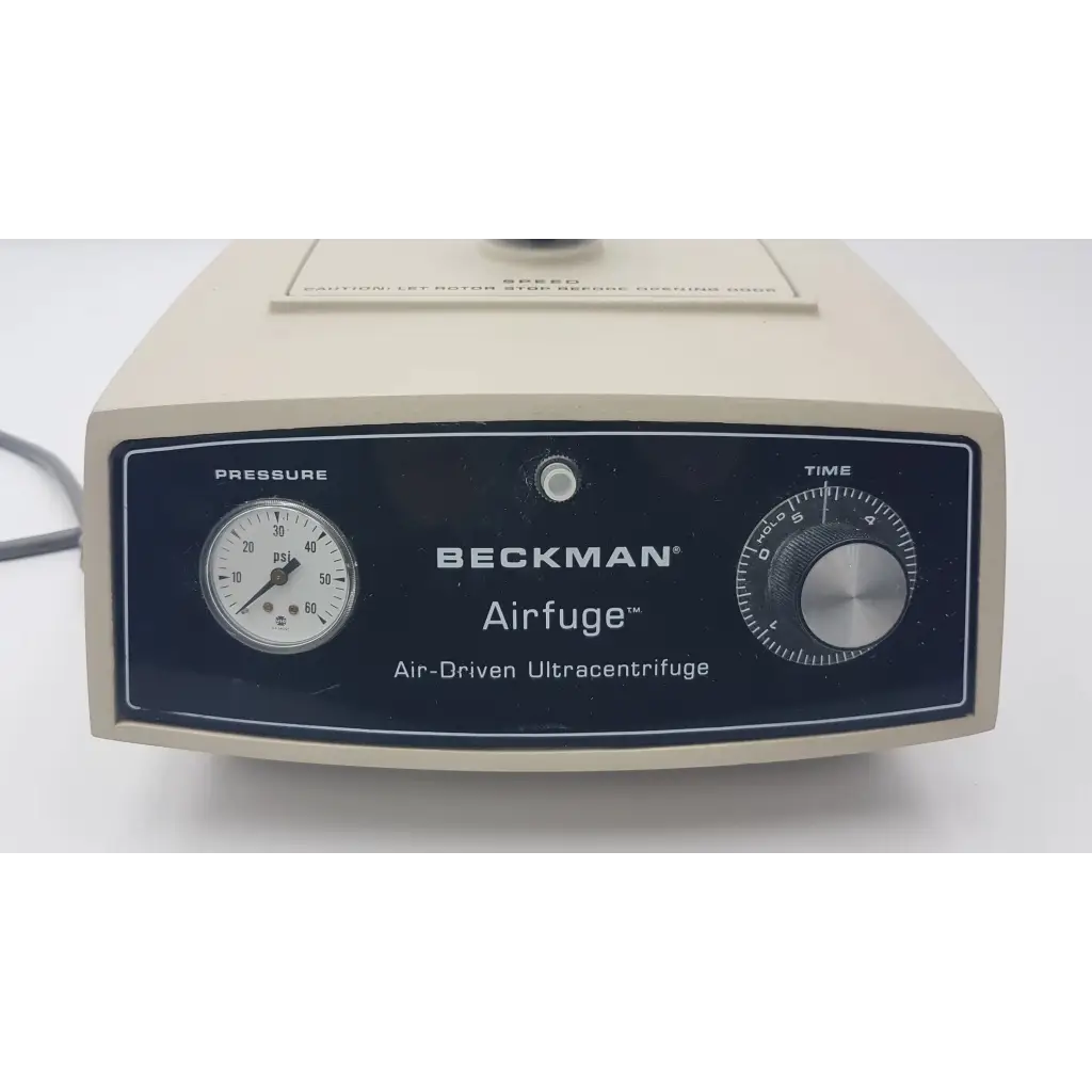 Beckman airfuge air-driven ultracentrifuge beige casing with dark blue panel pressure gauge time dial and silver knobs