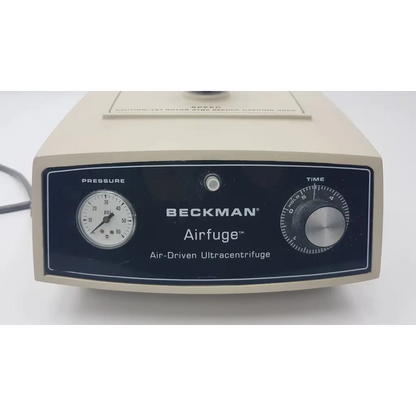 Beckman airfuge air-driven ultracentrifuge beige casing with dark blue panel pressure gauge time dial and silver knobs