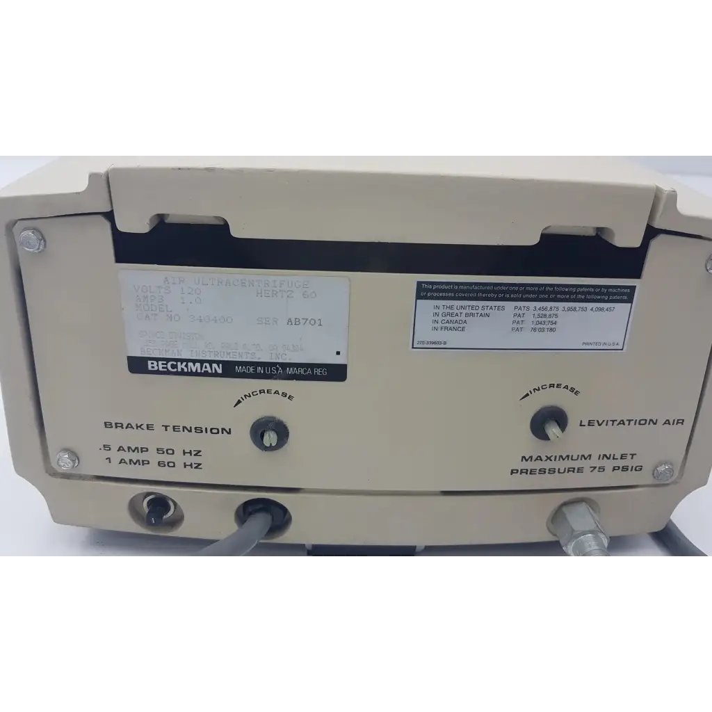 Beige beckman airfuge air-driven ultracentrifuge with labeled control knobs and ports for laboratory use