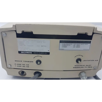 Beige beckman airfuge air-driven ultracentrifuge with labeled control knobs and ports for laboratory use