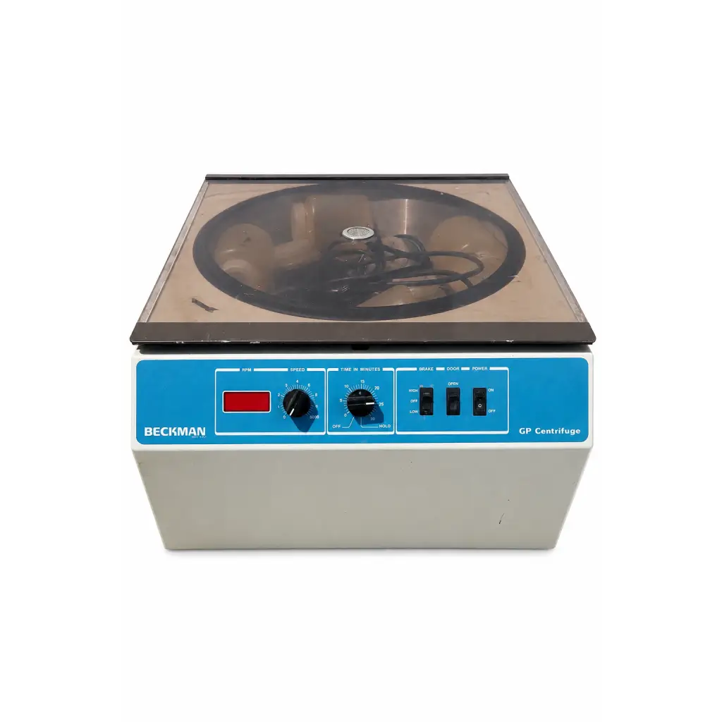 Beckman CP centrifuge with blue control panel beige body and transparent lid showing internal rotor biomed certified medical equipment