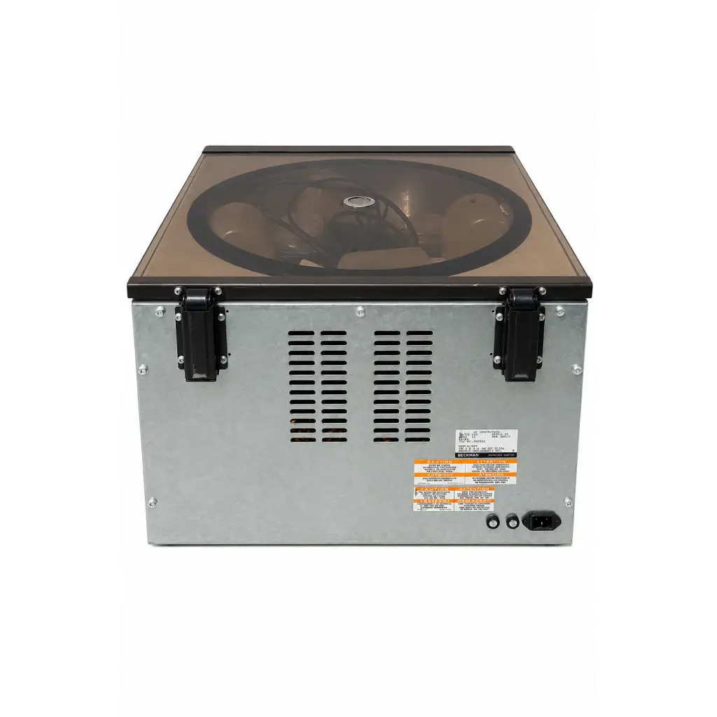 Silver metallic beckman cp centrifuge with transparent lid and beige components biomed certified medical equipment