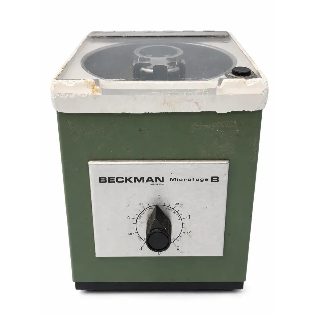 Olive green plastic and metal biomed certified beckman microfuge b laboratory microcentrifuge with clear lid and black knob