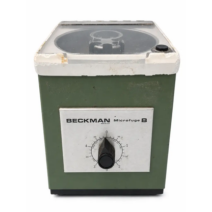 Olive green plastic and metal biomed certified beckman microfuge b laboratory microcentrifuge with clear lid and black knob