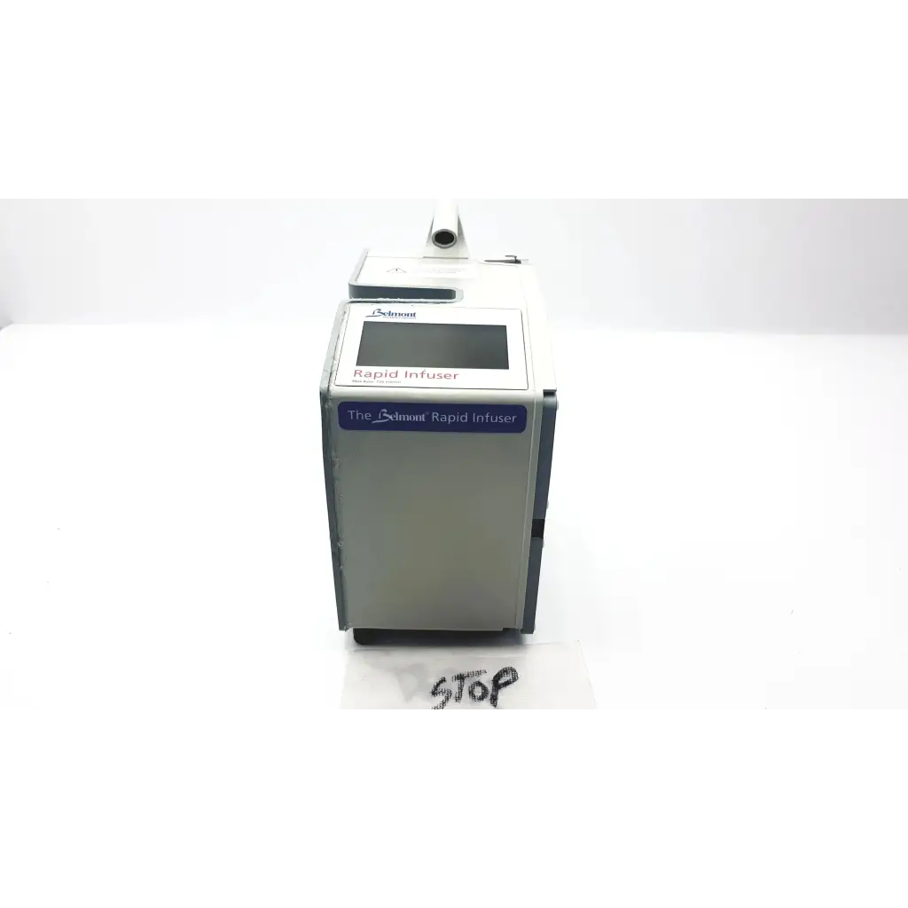 Silver-gray belmont rapid infuser 750ml medical device with digital display and blue branding label for rapid fluid delivery