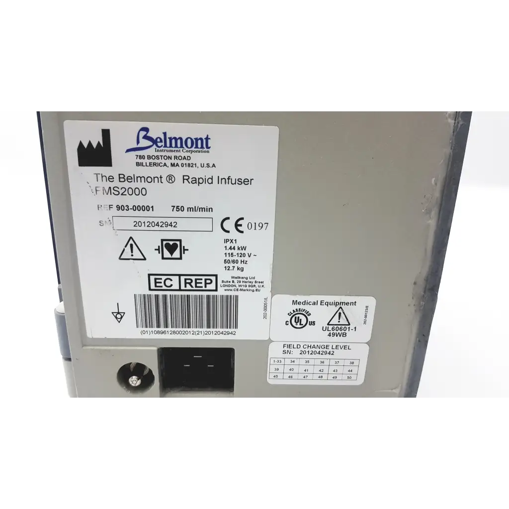 Gray belmont rapid infuser fms2000 medical device with label showing specifications and certification marks for rapid infuser 750ml