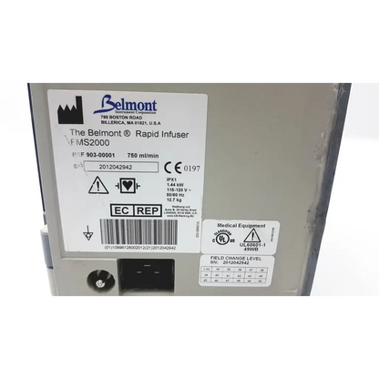Gray belmont rapid infuser fms2000 medical device with label showing specifications and certification marks for rapid infuser 750ml