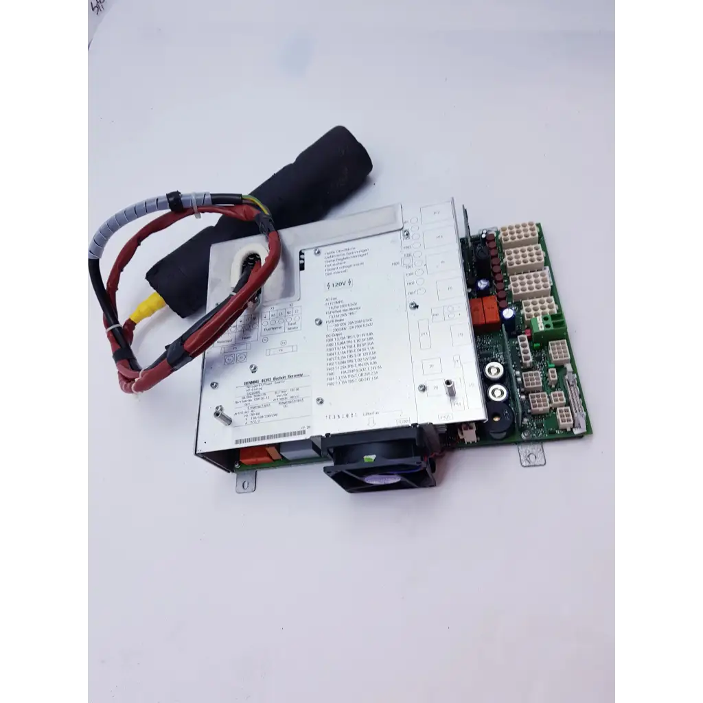 Silver industrial benning 46393 bocholt power supply with black cable and red wiring on green nibp assembly board