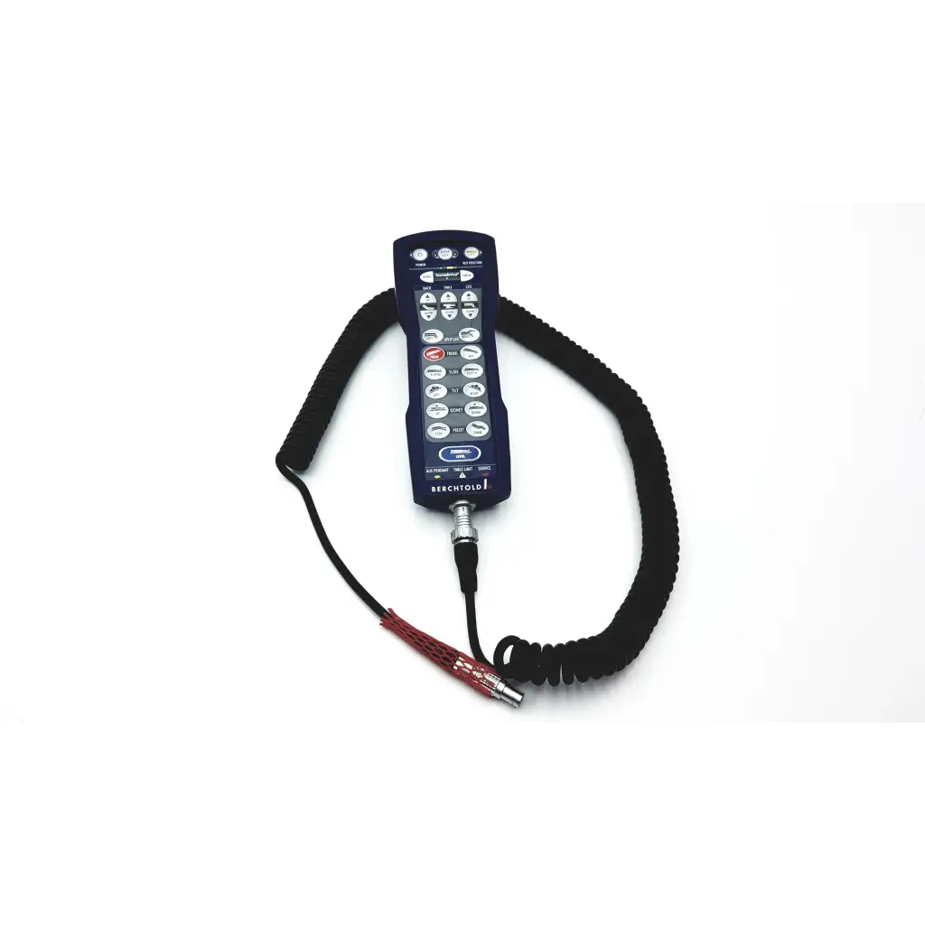 Dark blue ergonomic berchtold surgical table remote control with multiple buttons and coiled black cable for d830 d850