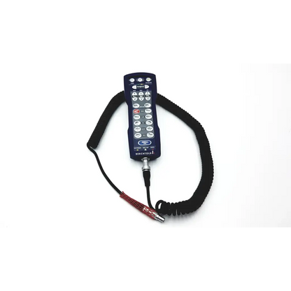 Dark blue ergonomic berchtold surgical table remote control with multiple buttons and coiled black cable for d830 d850