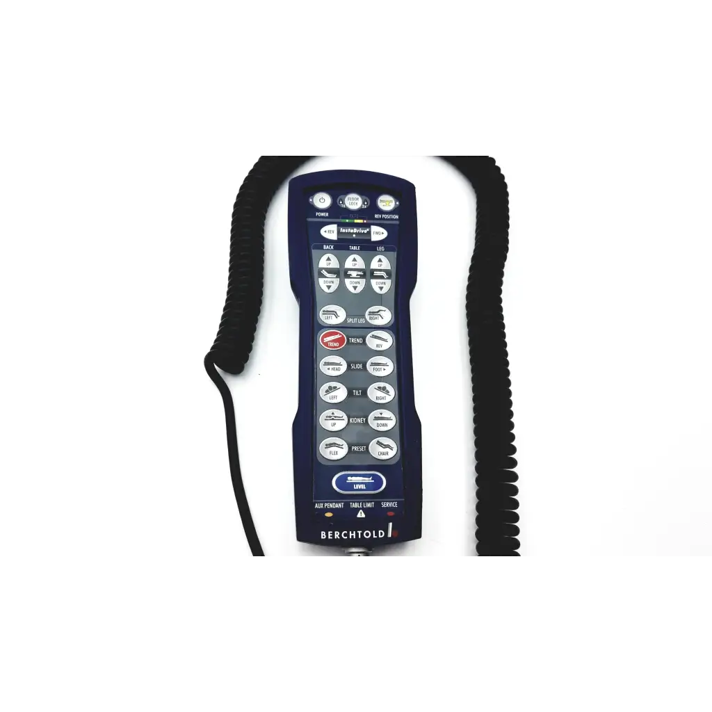 Dark blue berchtold surgical table remote control d830 d850 with coiled black cable for surgical table adjustment