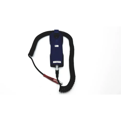 Blue handheld berchtold surgical table remote with black coiled cord and red mesh-covered wire for surgical use