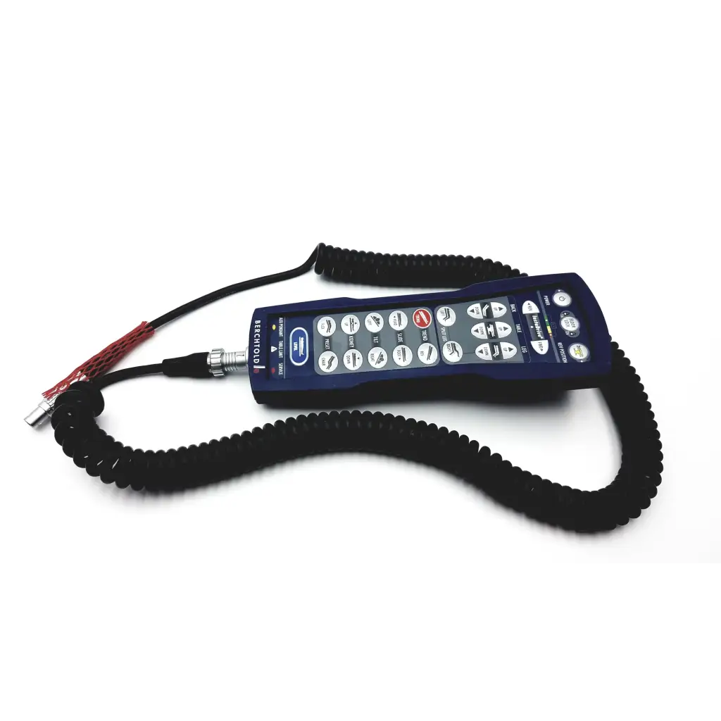 Blue berchtold surgical table remote d830 d850 control with coiled black cable and multiple function buttons handheld