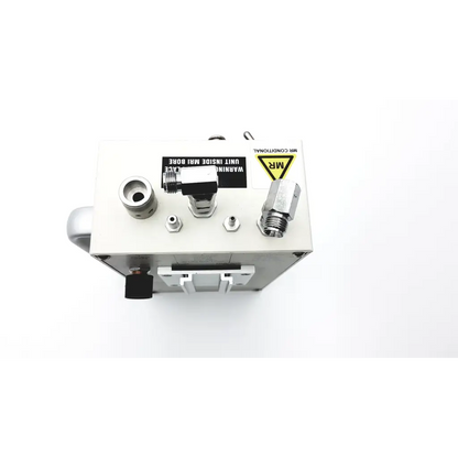 White industrial air compressor unit with metallic fittings and warning labels for devices bmd ic-2a vent system