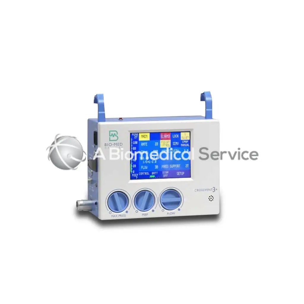 Bio-Med Devices Crossvent 3 plus white ventilator with blue accents digital display and three control knobs for medical use