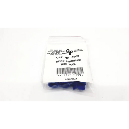 Blue polypropylene snap cap microcentrifuge tube by bio plas in clear packaging bag for laboratory use